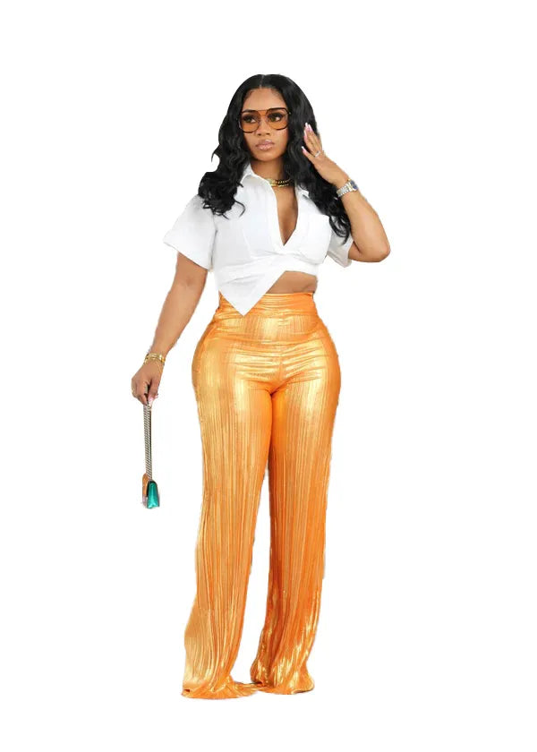 Women's Casual Streetwear Solid Color Full Length Shiny Metallic Casual Pants