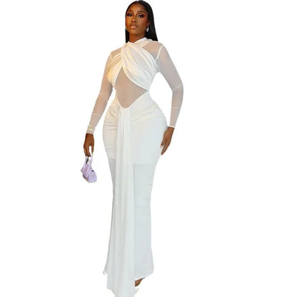 Elegant Simple Long Sexy Bodycon Wrap Chest Skirt Dress European Style Pure Color Pleated One Step Dress Transparent High Neck Long Sleeve