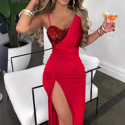 Women's Slit Dress Party Dress Elegant Sexy Strap Oblique collar Sequins Sleeveless Solid Color Midi Dress Banquet Evening Party