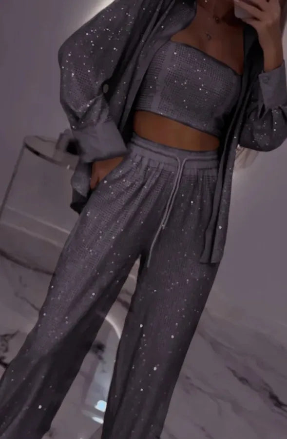 Sequin Suit Jacket Tube Top Wide Leg Pants Three Piece Set