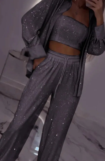 Sequin Suit Jacket Tube Top Wide Leg Pants Three Piece Set