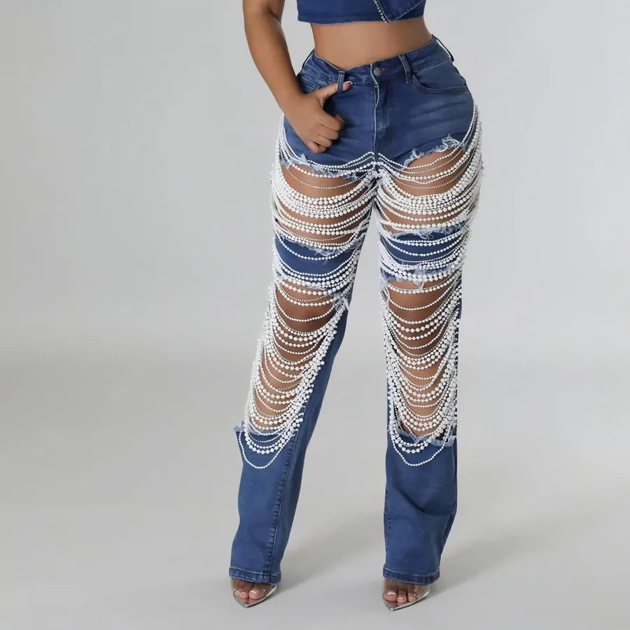 Women's Weekend Daily Party Casual Hip-Hop Sexy Solid Color Full Length Pearl Ripped Jeans