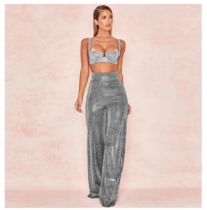 Hot Silver High Waist Wide Leg Pants