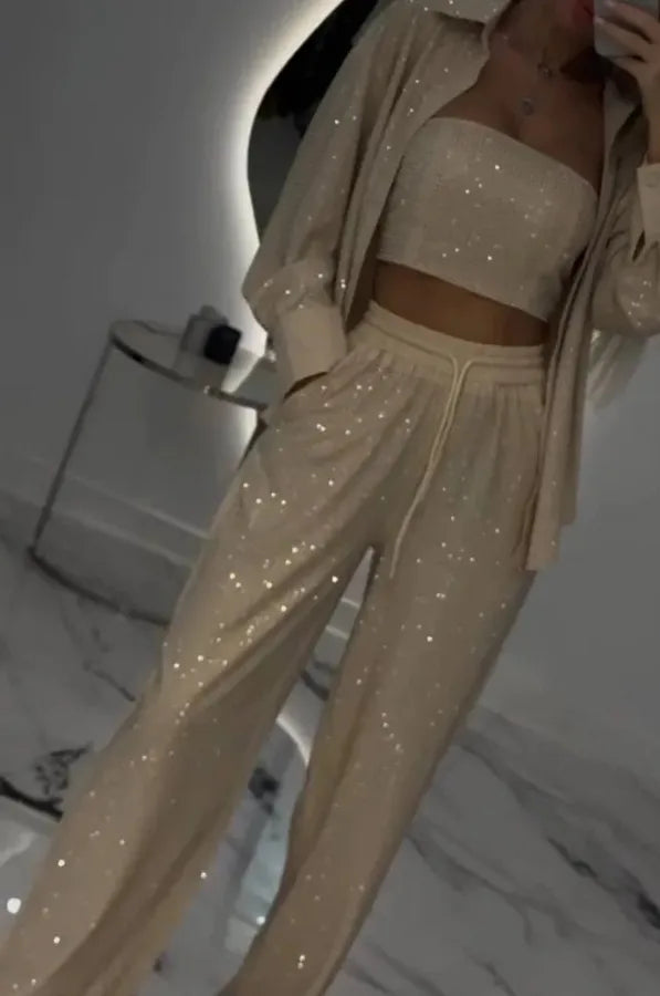 Sequin Suit Jacket Tube Top Wide Leg Pants Three Piece Set
