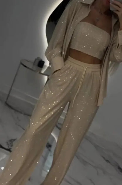 Sequin Suit Jacket Tube Top Wide Leg Pants Three Piece Set