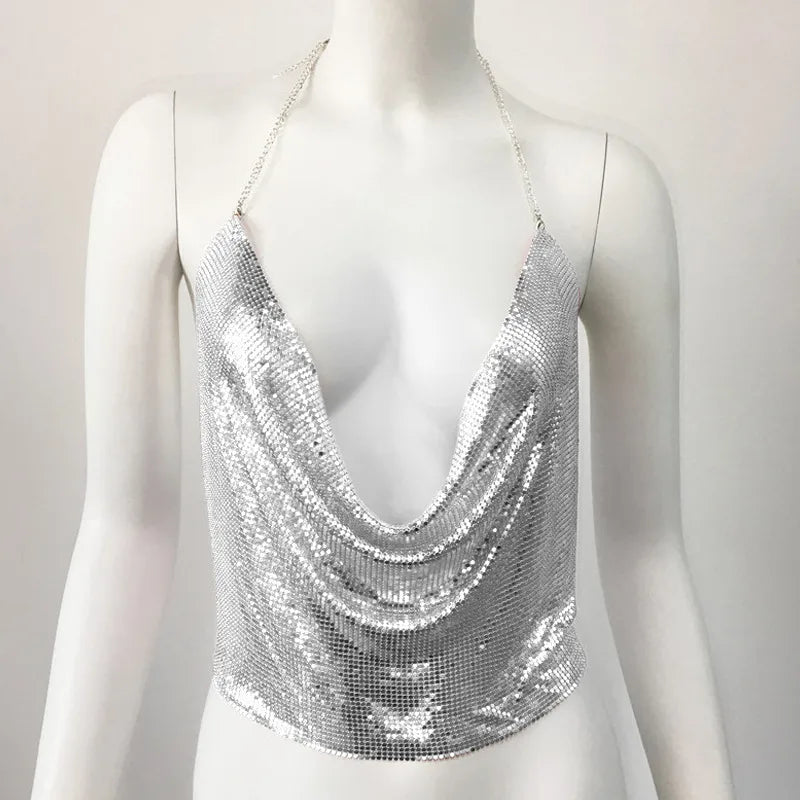 Women'S Wrap Crop Top Tank Tops Sequins Sexy Solid Color