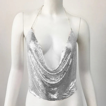 Women'S Wrap Crop Top Tank Tops Sequins Sexy Solid Color