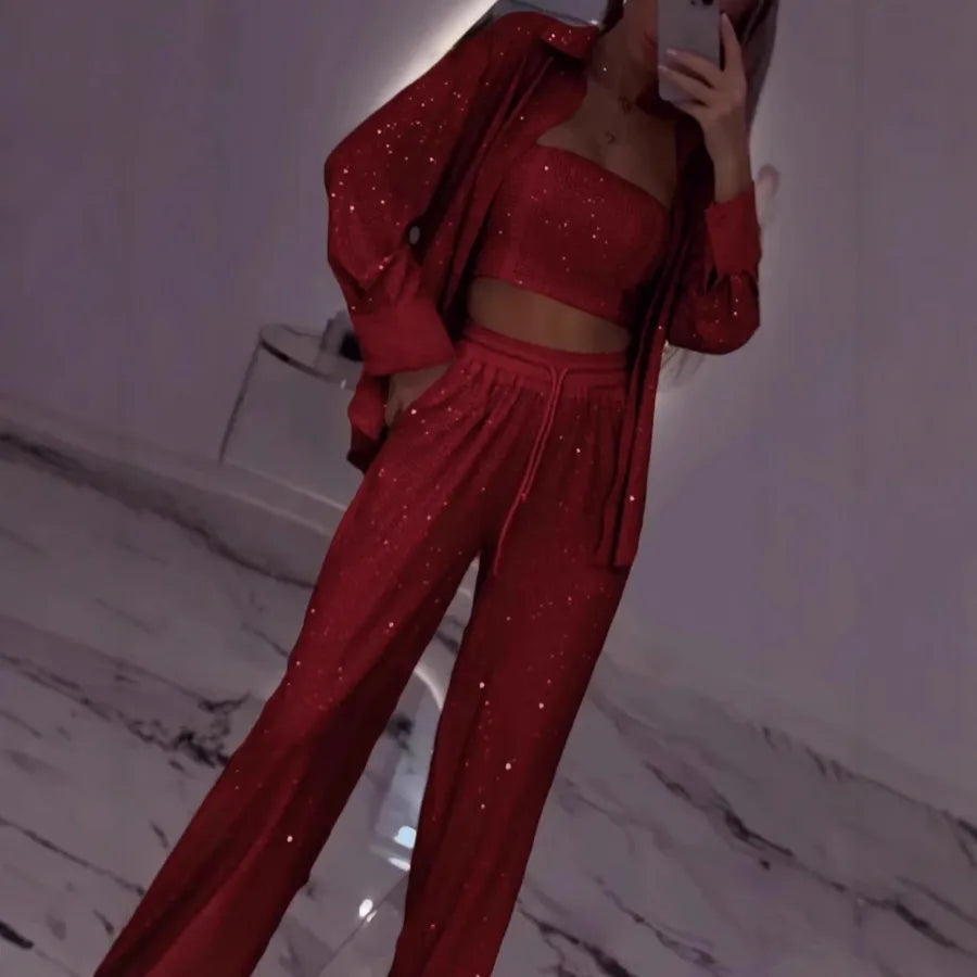 Sequin Suit Jacket Tube Top Wide Leg Pants Three Piece Set
