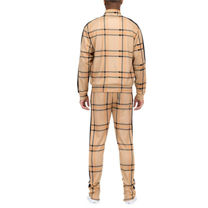 VacationGrabs Men's 2PC Plaid Track Jacket and Pants Set