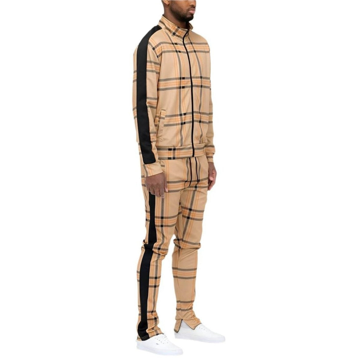 VacationGrabs Men's 2PC Plaid Track Jacket and Pants Set