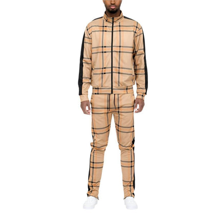 VacationGrabs Men's 2PC Plaid Track Jacket and Pants Set