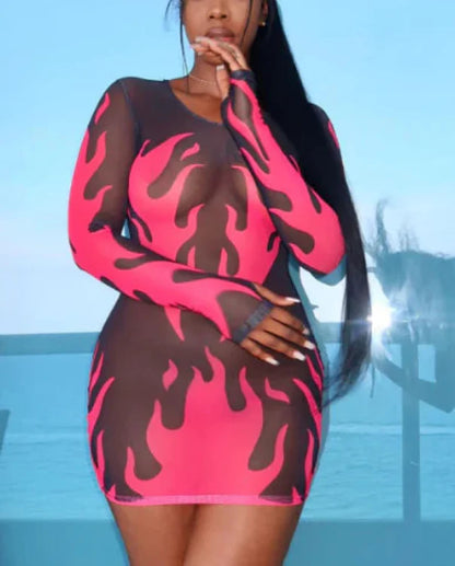 Women's Sheer Mesh Floral Dress with Round Neck