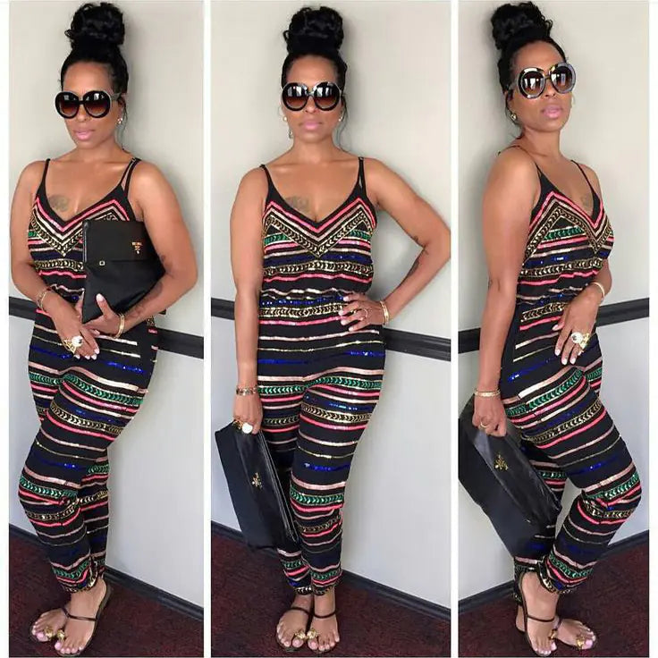 條紋印花無袖露背連身褲