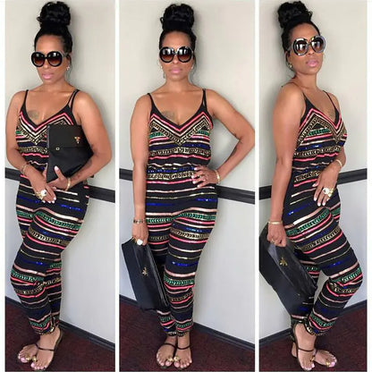 條紋印花無袖露背連身褲