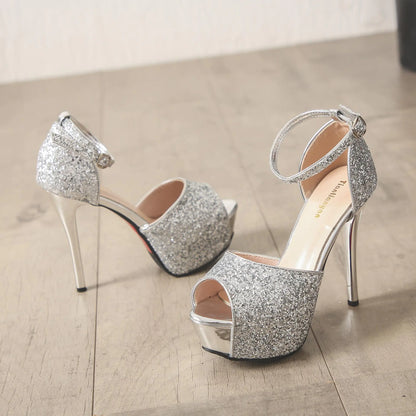 Trendy Metallic Sequin Peep-Toe High Heels Sandals