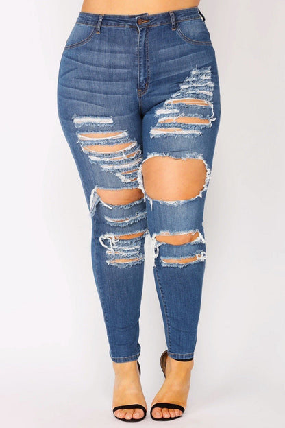 Jeans desgastados de talle alto y lavado medio Sasha, talla grande