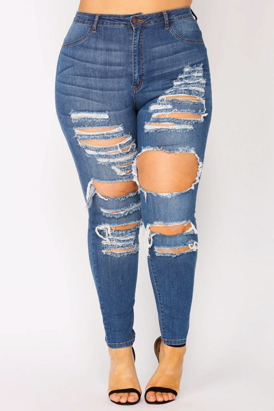 Jeans desgastados de talle alto y lavado medio Sasha, talla grande