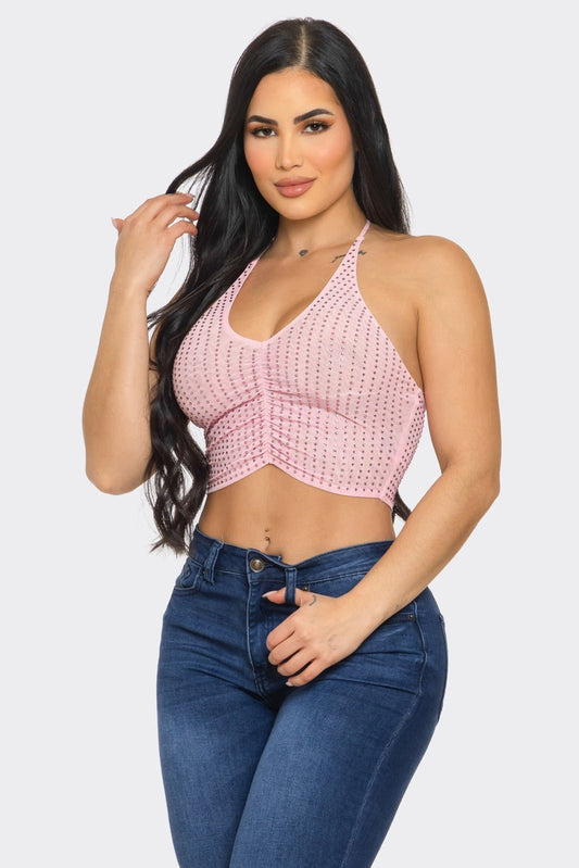 Sophie Stylish Studded Halter Tie Crop Top