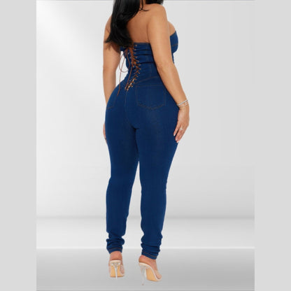 VacationGrabs 女士無肩帶牛仔連身褲