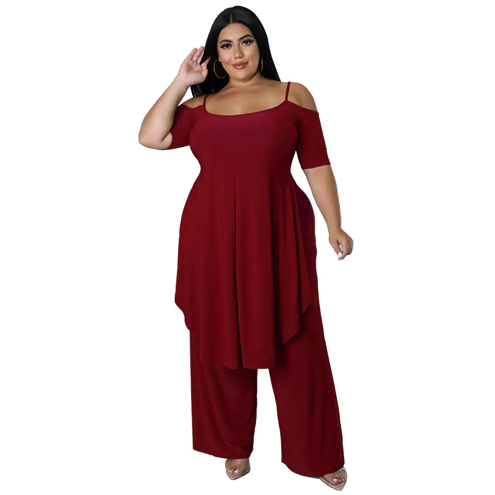 Plus Size Cold Shoulder Top & Wide Leg Pants Set