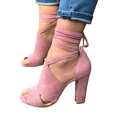 Suede Peep-Toe Sandals with High Chunky Heels