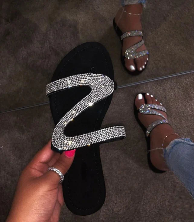Sandalias y pantuflas planas con diamantes de moda para mujer