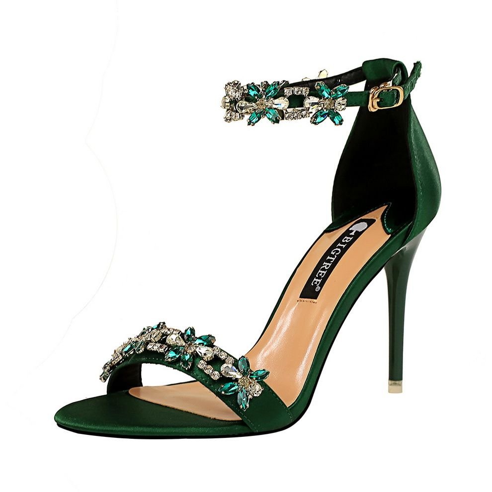 Women's Pumps; Sexy high-heeled shoes; formal women's shoes for banquet party; thin heel high-heeled shoes; satin open toe rhinestone one word sandals