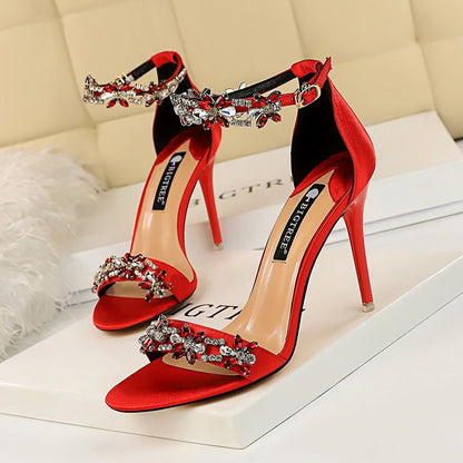 Women's Pumps; Sexy high-heeled shoes; formal women's shoes for banquet party; thin heel high-heeled shoes; satin open toe rhinestone one word sandals