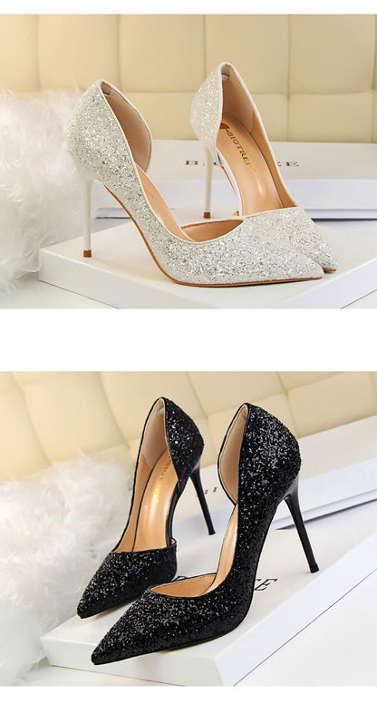 Women's Pumps; sexy women's high-heeled shoes; thin heel pointed leather shoes; hollow sides; sequins decoration