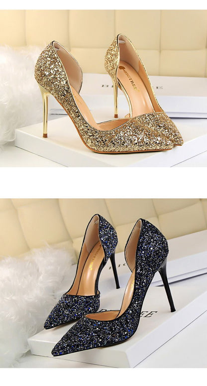 Women's Pumps; sexy women's high-heeled shoes; thin heel pointed leather shoes; hollow sides; sequins decoration