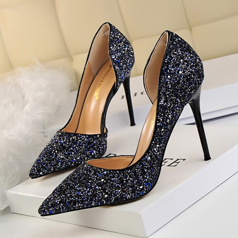 Women's Pumps; sexy women's high-heeled shoes; thin heel pointed leather shoes; hollow sides; sequins decoration
