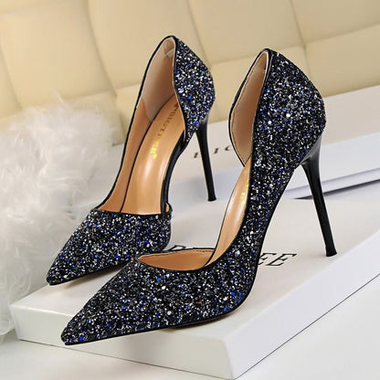 Women's Pumps; sexy women's high-heeled shoes; thin heel pointed leather shoes; hollow sides; sequins decoration