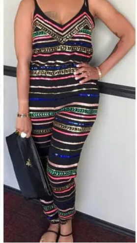 條紋印花無袖露背連身褲