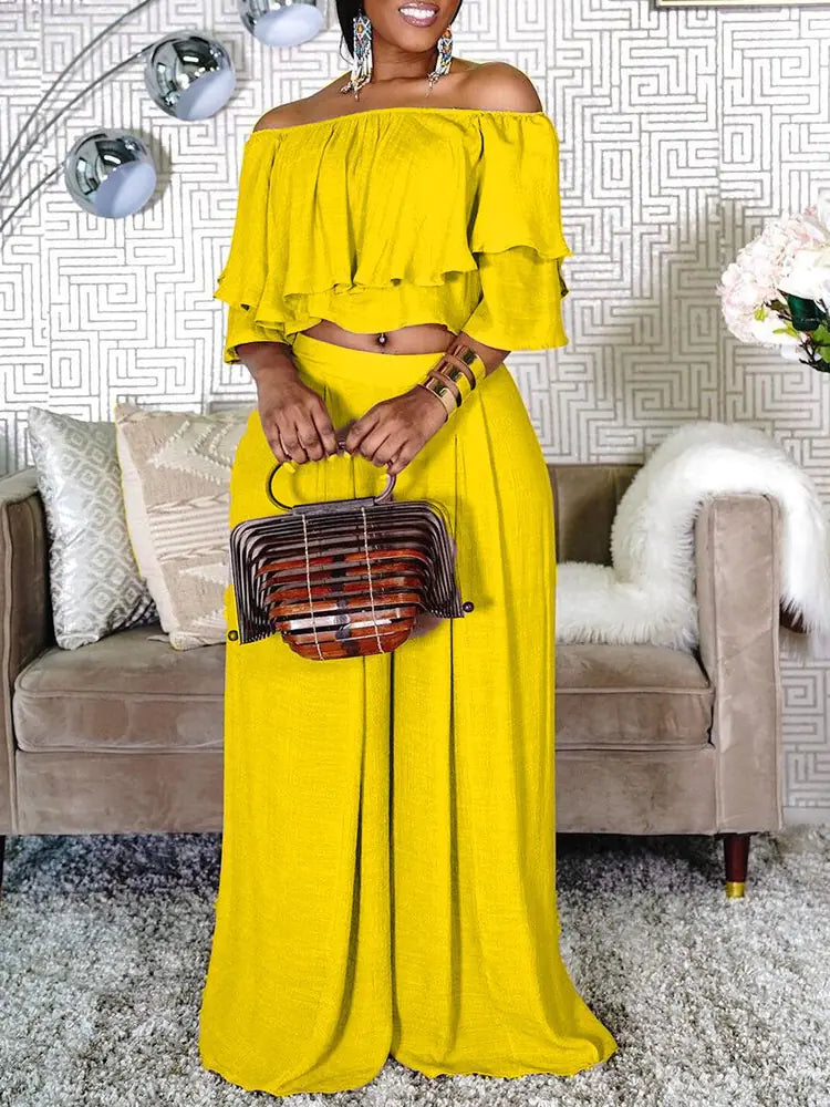 Plus Size 2 Piece Off Shoulder Crop Top & Wide Leg Pants