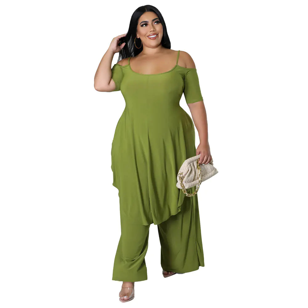 Plus Size Cold Shoulder Top & Wide Leg Pants Set