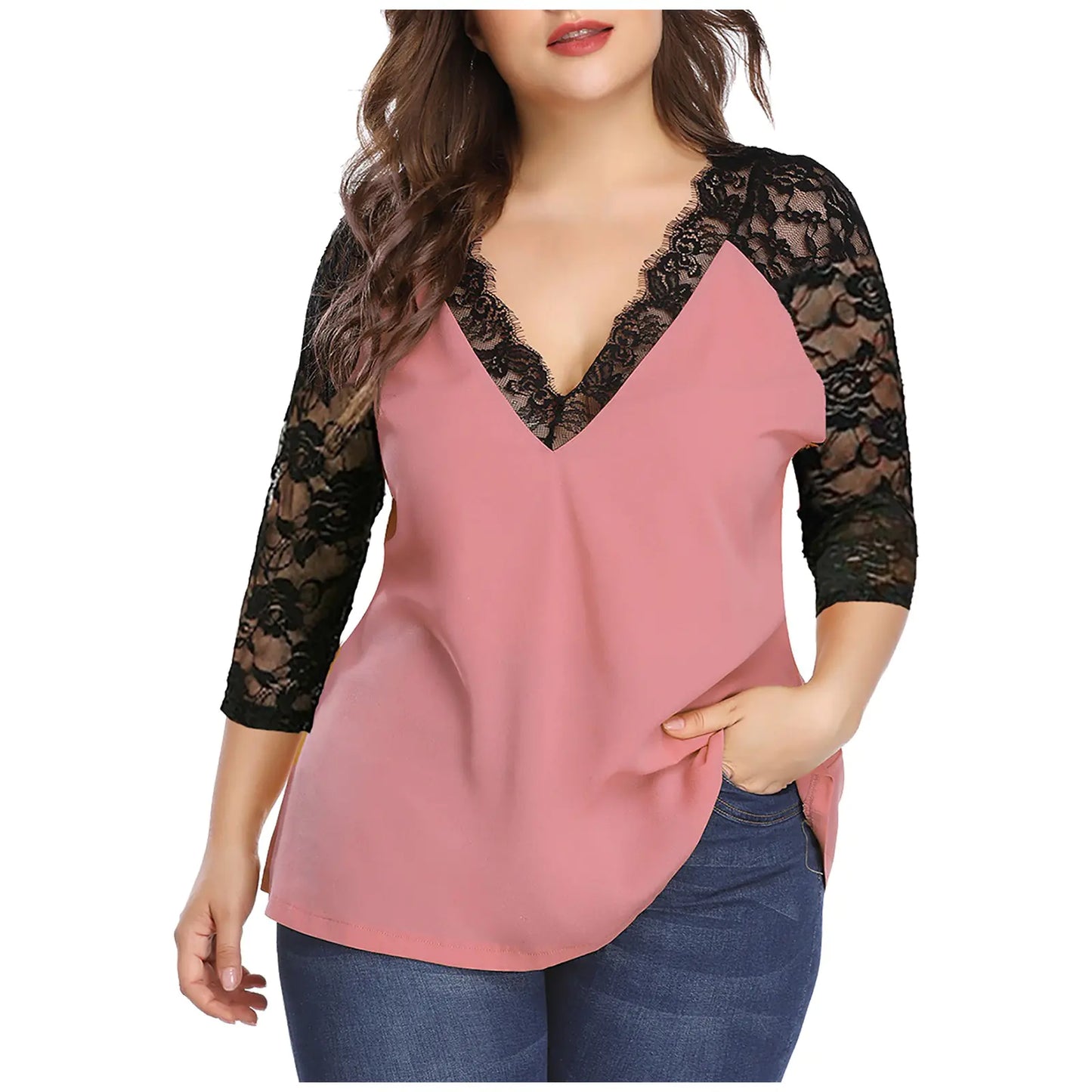 Plus Size Lace Blouse for Women - Casual Long Sleeve Top