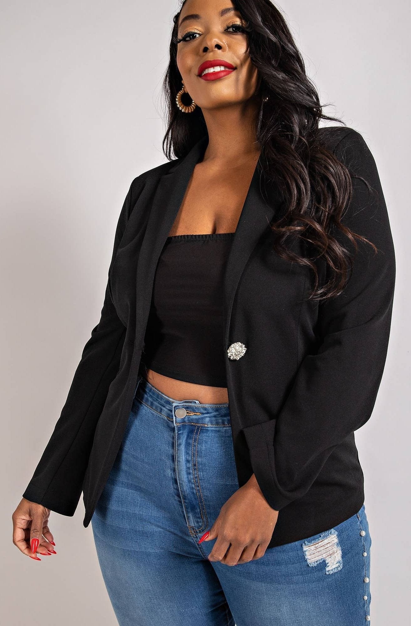 Zoe Plus Size Stretch Luxe Crystal Detail Button Blazer